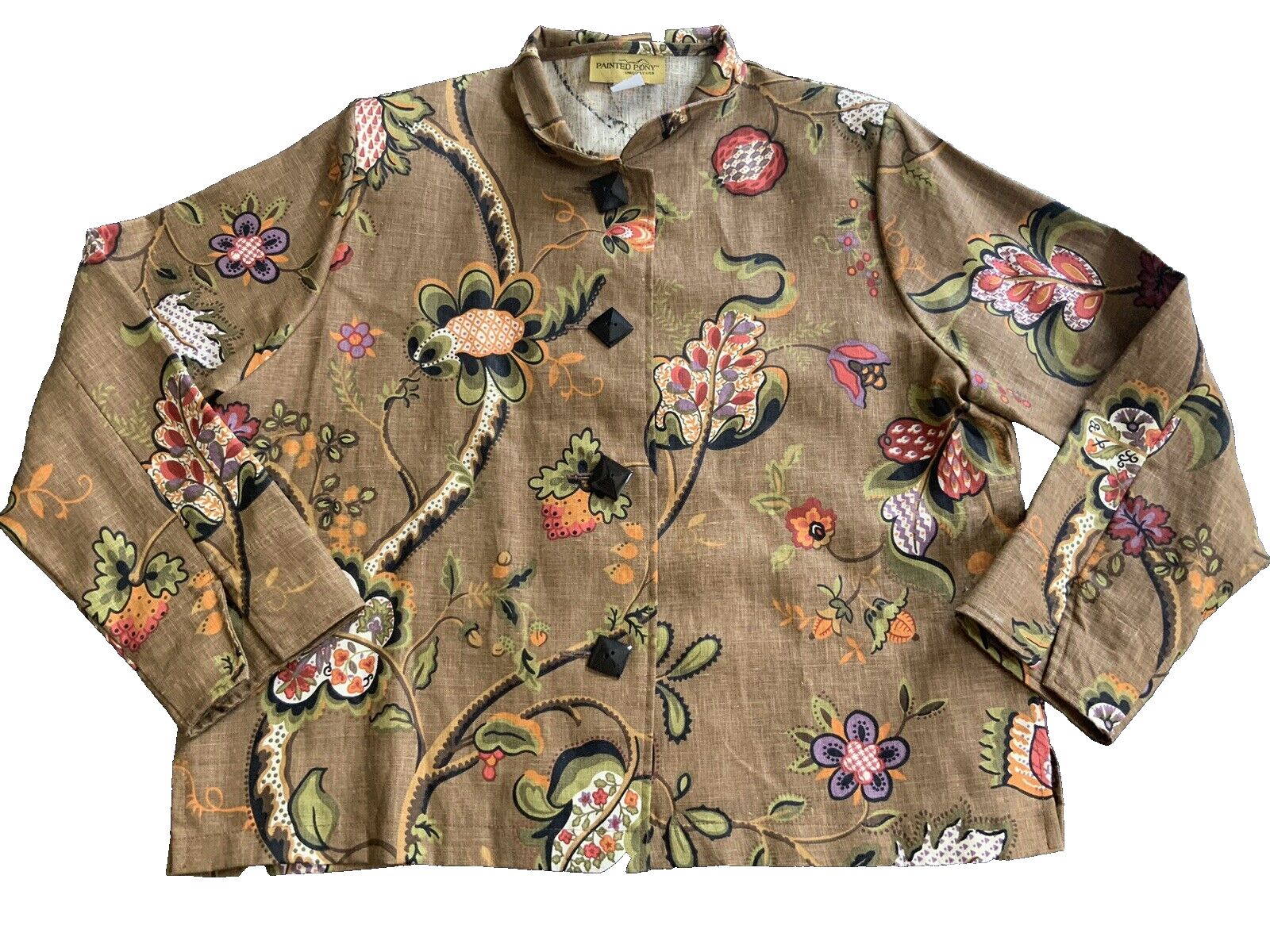 Giacca blazer pony dipinta donna XL marrone lino floreale bottoni davanti USA