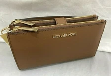 New Michael Kors Luggage Brown Leather Double Zip Wallet Wristlet