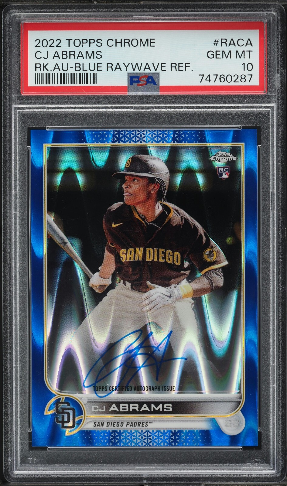 2022 Topps Chrome RA-CA CJ Abrams Blue Raywave Refractor RC AUTO /150 PSA 10