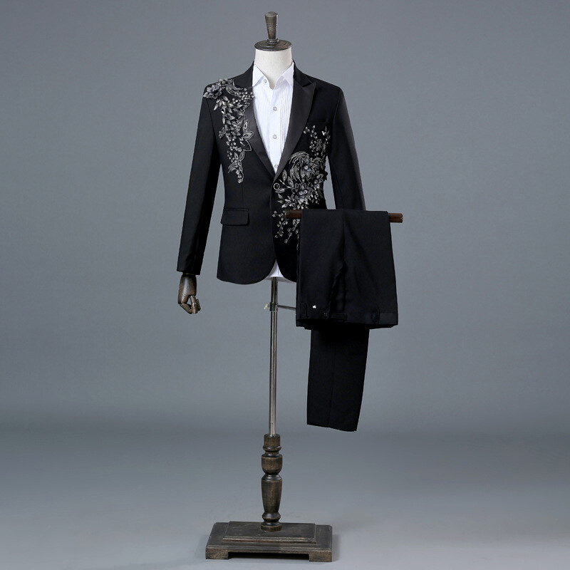 Men Wedding Sequin Embroidered Appliqu&eacute; Suit Jacket Pants Dinner Prom Suit Dress