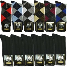 3-12 Pairs Lords Mens Argyle Solid Black Dress Socks Mid Calf Cotton Size 10-13
