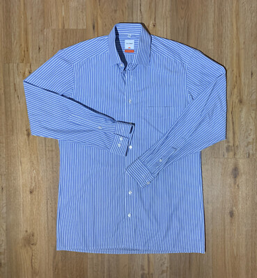 Olympus Luxor modern fit men's shirt shark collar blue striped 40 15 3/4 cotton