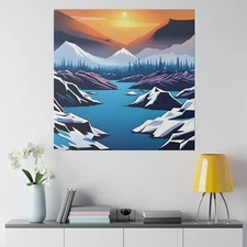 Snow Mountains Water Rocks Sunset Landscape Colors Beautiful Art Matte Canvas