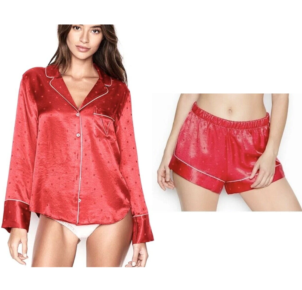 VICTORIAS SECRET CHERRY RED POLKA DOT SATIN SLEEP SHIRT SHORT PJ SET PAJAMA M