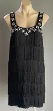 Vintage RACHEL GILBERT Black Silk Fringe Flapper Dress Size 3/AU 12 Bead Trim