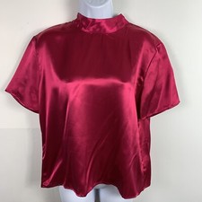 VINTAGE Notations Women Top sz 12 Pink Short Sleeve Keyhole Back High Neck