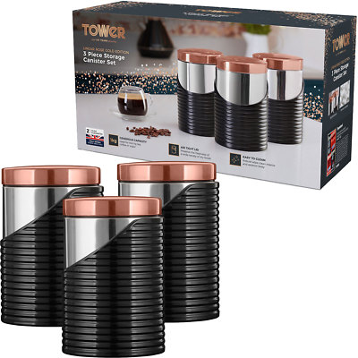 Tower T826001RB LINEAR Kitchen Canister Set Black Rose Gold Sugar Tea  Coffee 5056032925632|