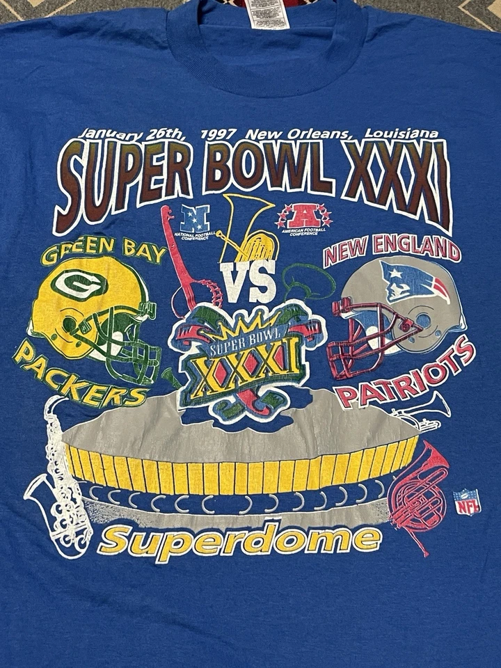 Camiseta azul para hombre Super Bowl XXXI Packers Patriots 1997 vintage talla L T24 Foto 3 de 4