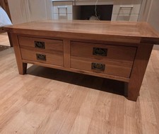 Large Solid Oak Coffee Table Chest With 2 Double Drawers Storage Metal Handles 