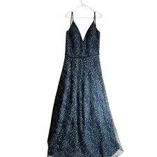 Navy Blue Glitter Leaf Print V-Neck A-Line Formal Evening Gown Maxi Dress