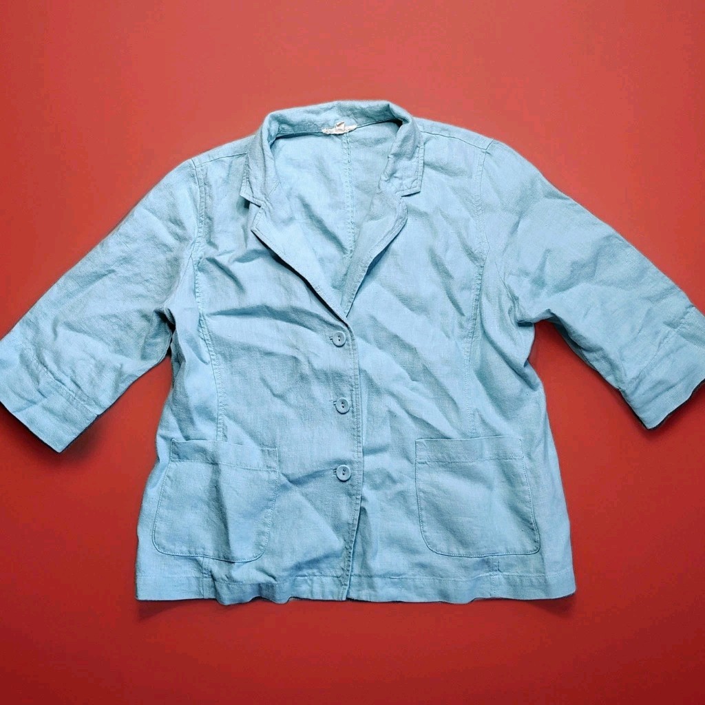 Eileen Fisher Women Aqua Blue Linen Blazer Jacket Size L 3/4 Sleeve Button Front