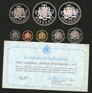 1973 1st National Coinage of Barbados Proof Set w COA/Case