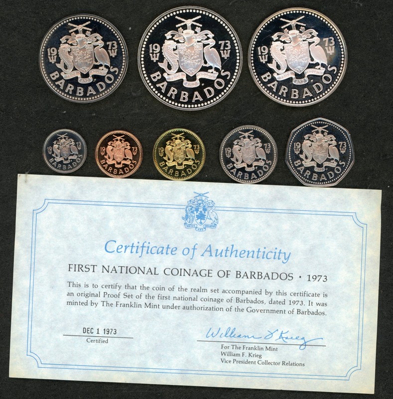 1973 1st National Coinage of Barbados Proof Set w COA/Case