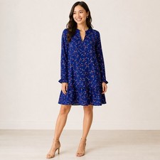 Banana Republic Ruffle Hem Swing Shift Dress Blue Leaf Keyhole Neck Small