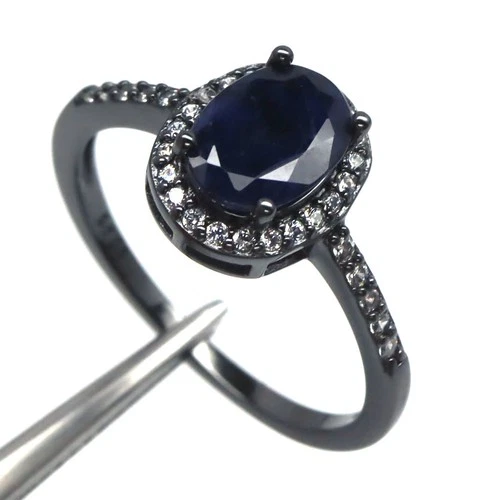 925 Silver 6 x 8 MM. Blue Sapphire & Zircon Birthstone Vintage Ring Size 6.75