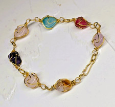 Multicolor Stone Wire Wrapped Gold Tone Bracelet 7 Inch Fashion Jewelry
