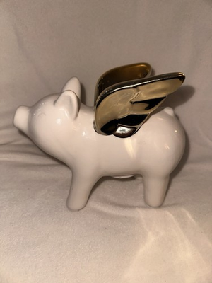 #ad Collectible Ceramic White Gold Winged Flying Piggy Bank From Aldi $20.00