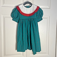 Vintage Mondays Child Dress Girls 4 Green Red Stripes Collar 80s Cottagecore