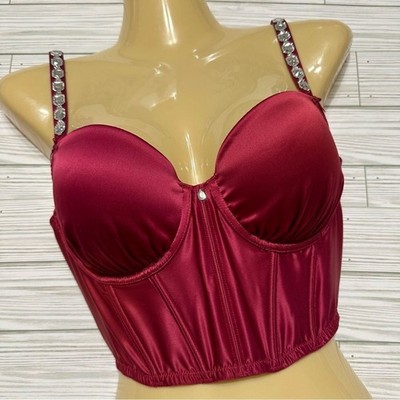 VICTORIA'S SECRET DREAM ANGELS RHINESTONE STRAP RASPBERRY CORSET BUSTIER TOP 34D