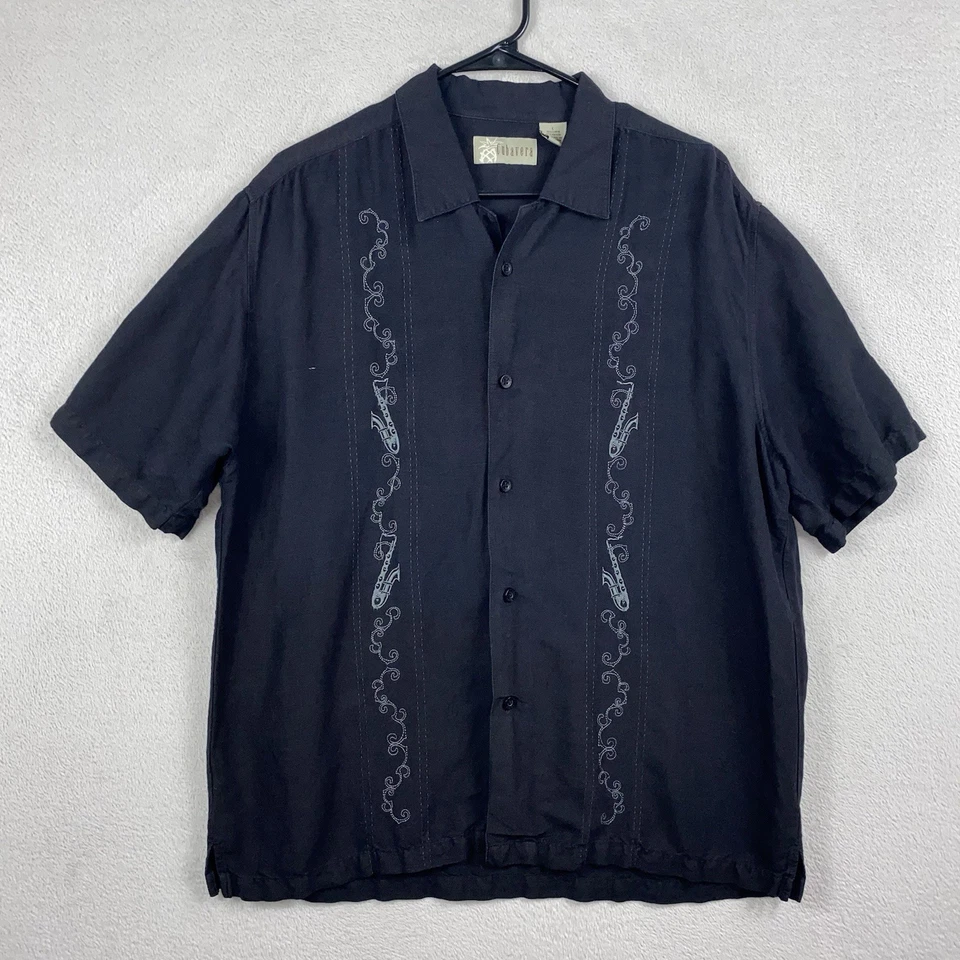 Camisa de lino bordada Cubavera para hombre L negra saxofón jazz cabaña costera Foto 3 de 4