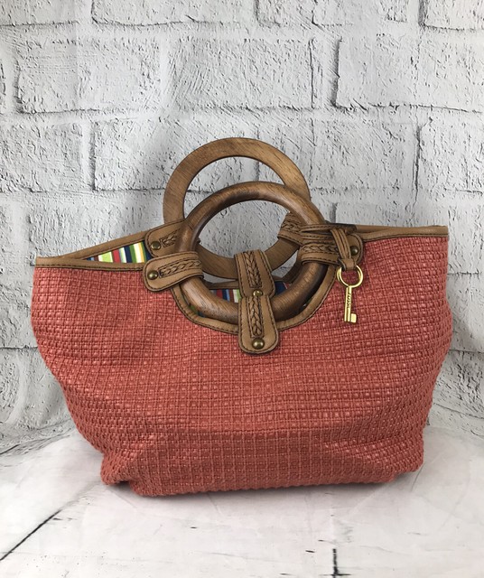 Fossil Orange Straw Woven Handbag Purse Tote Shoulder Bag Wooden
