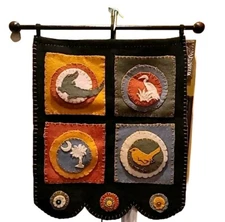 Vintage Primitive Folk Art Penny Rug Banner Handmade Wood Hanger