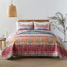Boho Style Queen Quilt Set Reversible Bohemian Floral Strip Quilt Beddding Se...