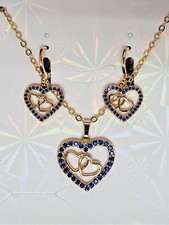 18K Gold Plated Heart Necklace  Earring Set with Blue Cubic Zirconia