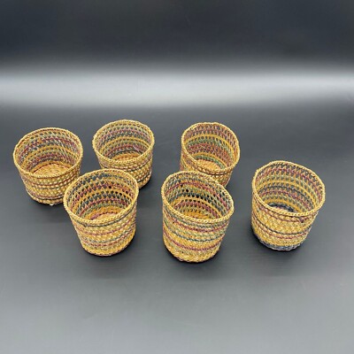Woven Caddy Basket Cup Holders Storage Containers Set of 6 Boho Multicolored