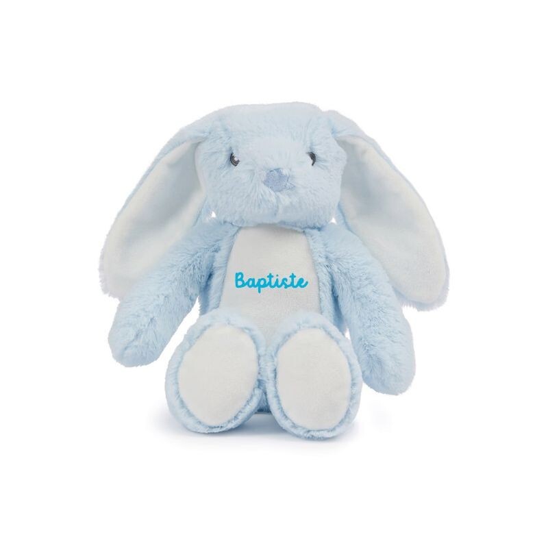 Doudou lapin bleu personnalisé prénom peluche naissance motif brodé