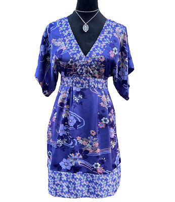 HM Floral Purple Kimono Short Sleeve Mini Sun Dress Sz S Belt Peplum V  Neck