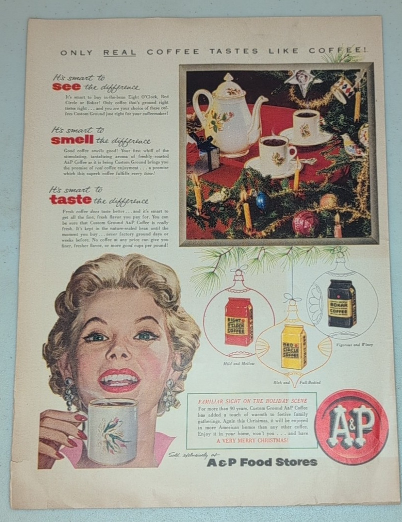 1954 Eight O Clock Vintage Print Ad Coffee A&P Food Stores Bokar Red Circle Bold