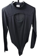 Women  s L Black Long Sleeve Mock Neck Cut Out Bodysuit Stretch Black Ribbed