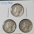 1943 Mercury Dime PDS 3 Coin Historic Lot Of 90% Silver US Coin Collection Set