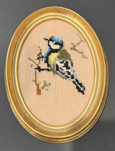 vintage Hand cross stitch Framed artwork featuring a blue tit bird Small