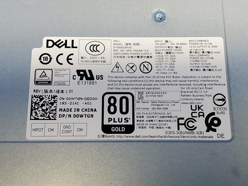 Dell Alienware R10 R11 R12 1000W Power Supply D1000EGM-00 0WTGN #D2 63 - Afbeelding 2 van 3