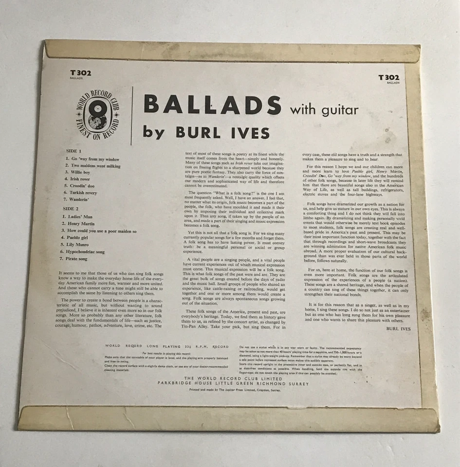 Burl Ives - Ballads With Guitar LP Vinyl Record - W.7796 - Image 2 of 4