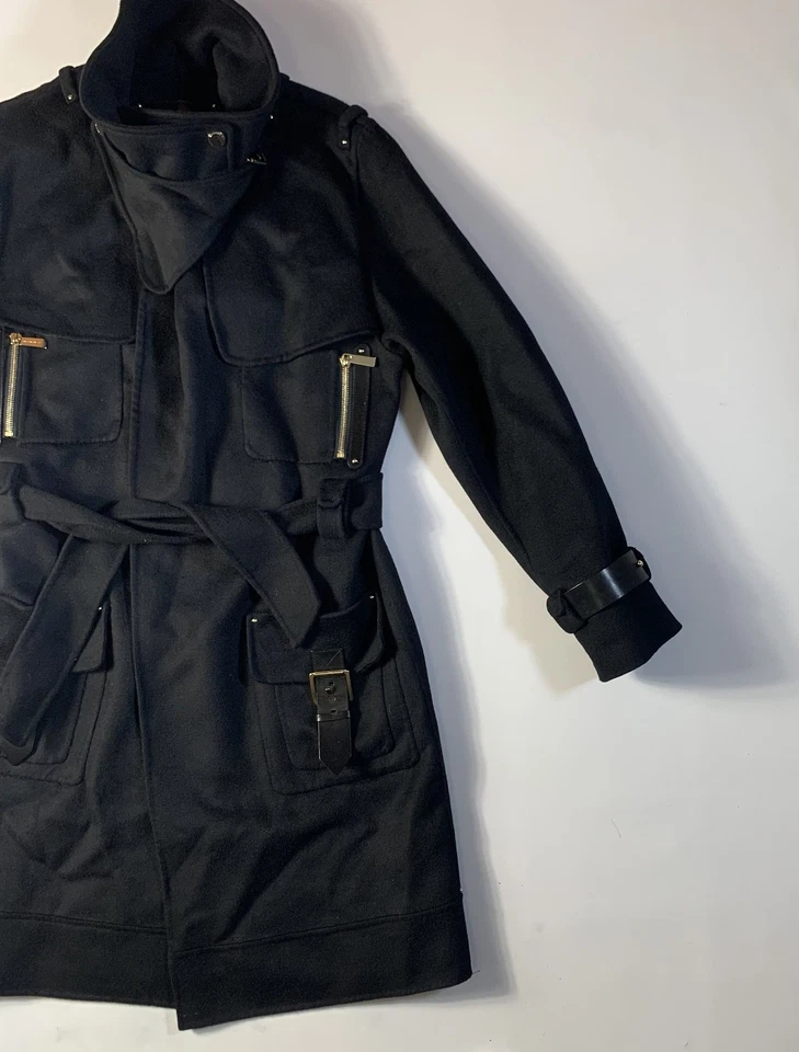 Barbara Bui Wool Cashmere Military Coat Black Leather Trim Belted Sz 36 - Image 3 of 4