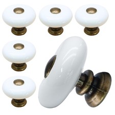 6pcs White Ceramic Cabinet Knobs, Round Drawer Knobs Vintage Dresser Knobs wi...