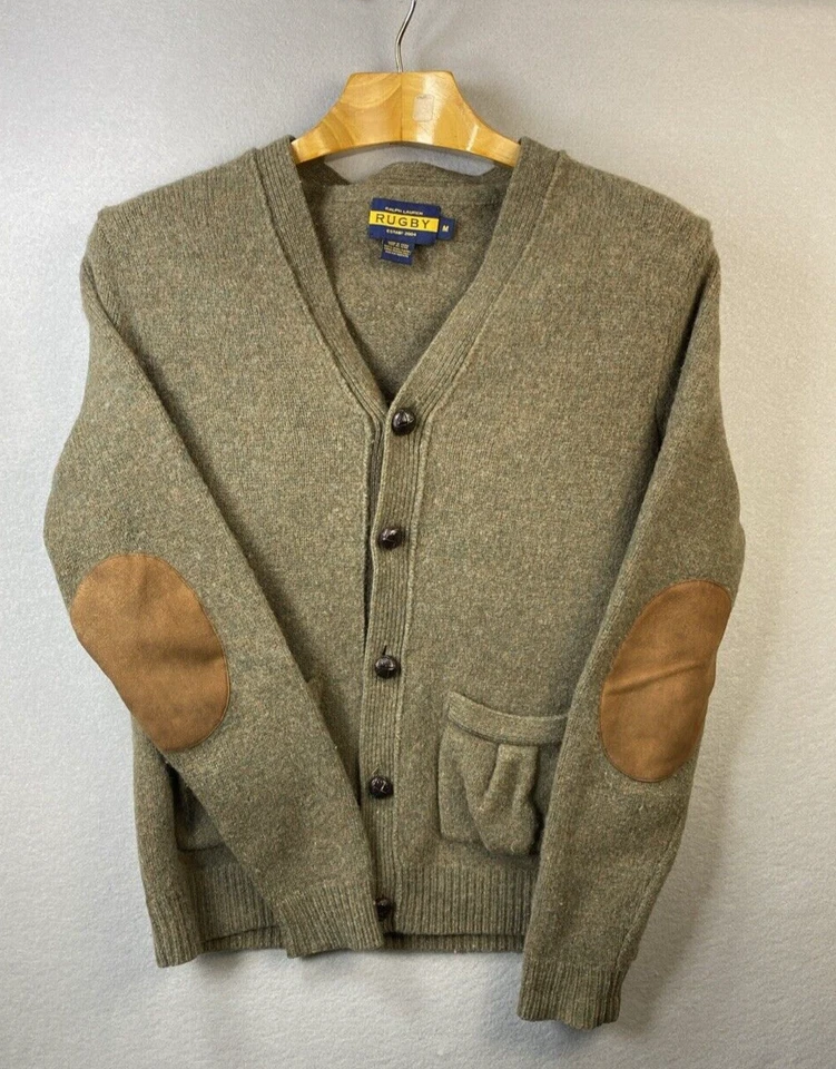 VTG Rugby Ralph Lauren Cardigan Womens M 100% Wool Sweater Suede Elbow Patches - Image 2 of 4