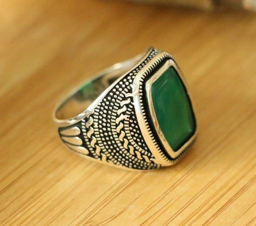 Green Agate Men's Rings, 925 Sterling Silver Handmade Men's Turkish Rings