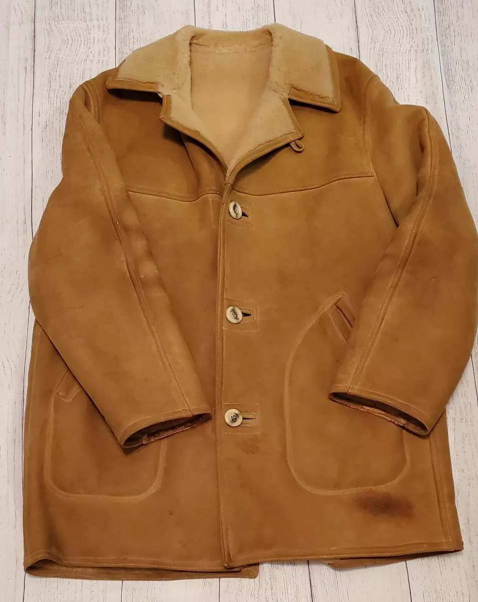 Vintage 50s Abercrombie & Fitch Shearling Leather Sheepskin Coat Sherpa Size 44