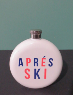 MARK & GRAHAM - New ''APRES SKI'' Twist Cap ENAMEL FLASK - 4'' Tall -3 1/2'' W