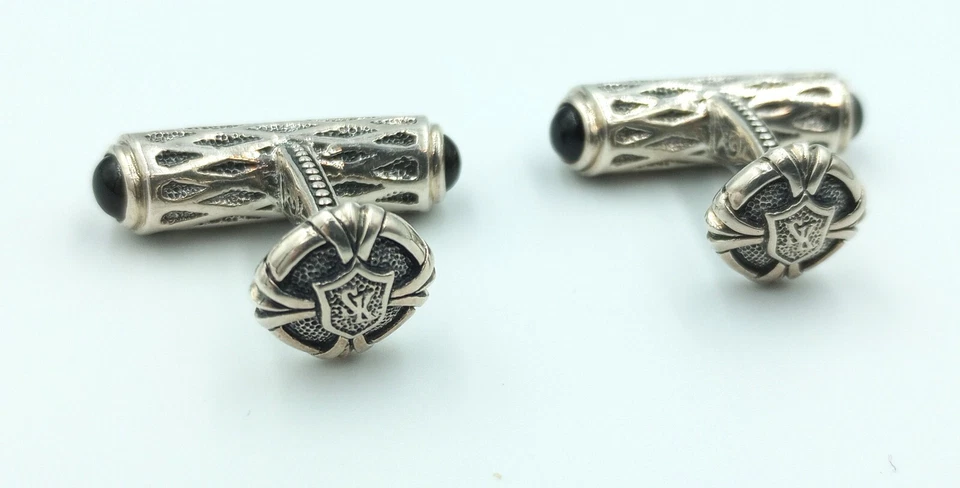 Gemelos Scott Kay de plata esterlina fina en forma de barril con detalles de ónix firmados Foto 4 de 4