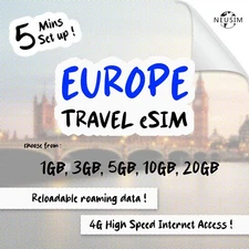 NeuSIM Europe+ eSIM 5-20GB Data - 36 Destinations | Same Day DELIVERY!
