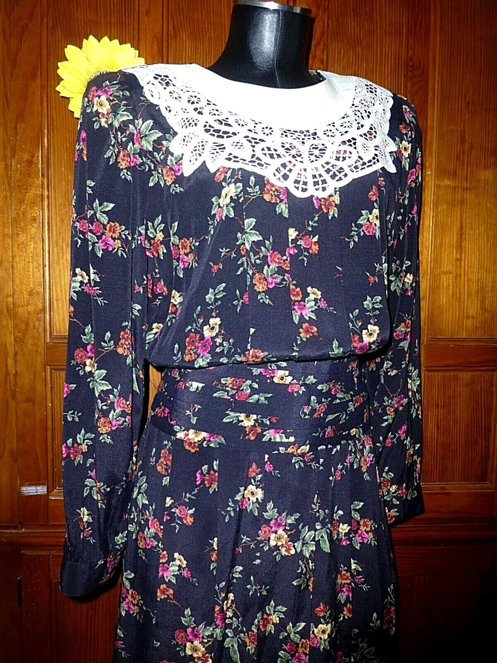 Vtg 80s Karin Stevens Floral Lace Pleated Skirt Cottage core Tea Party Dress M L - Image 4 of 4