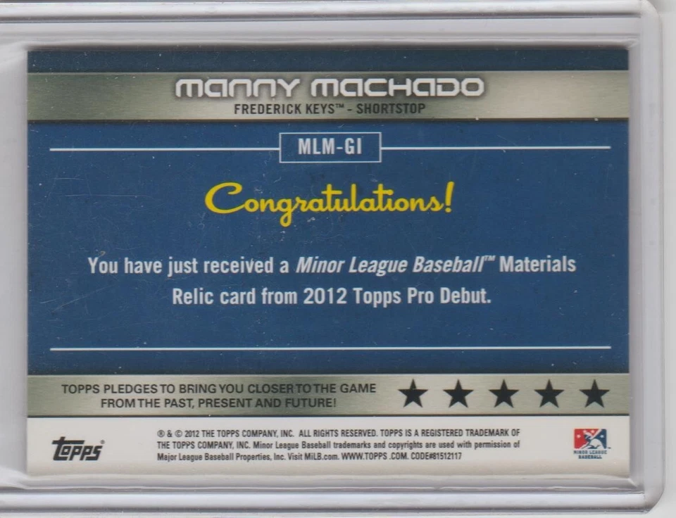 MANNY MACHADO 2012 Topps Pro Debut ROOKIE GAME USED RELIC RC Orioles Padres RARE - Image 2 of 2