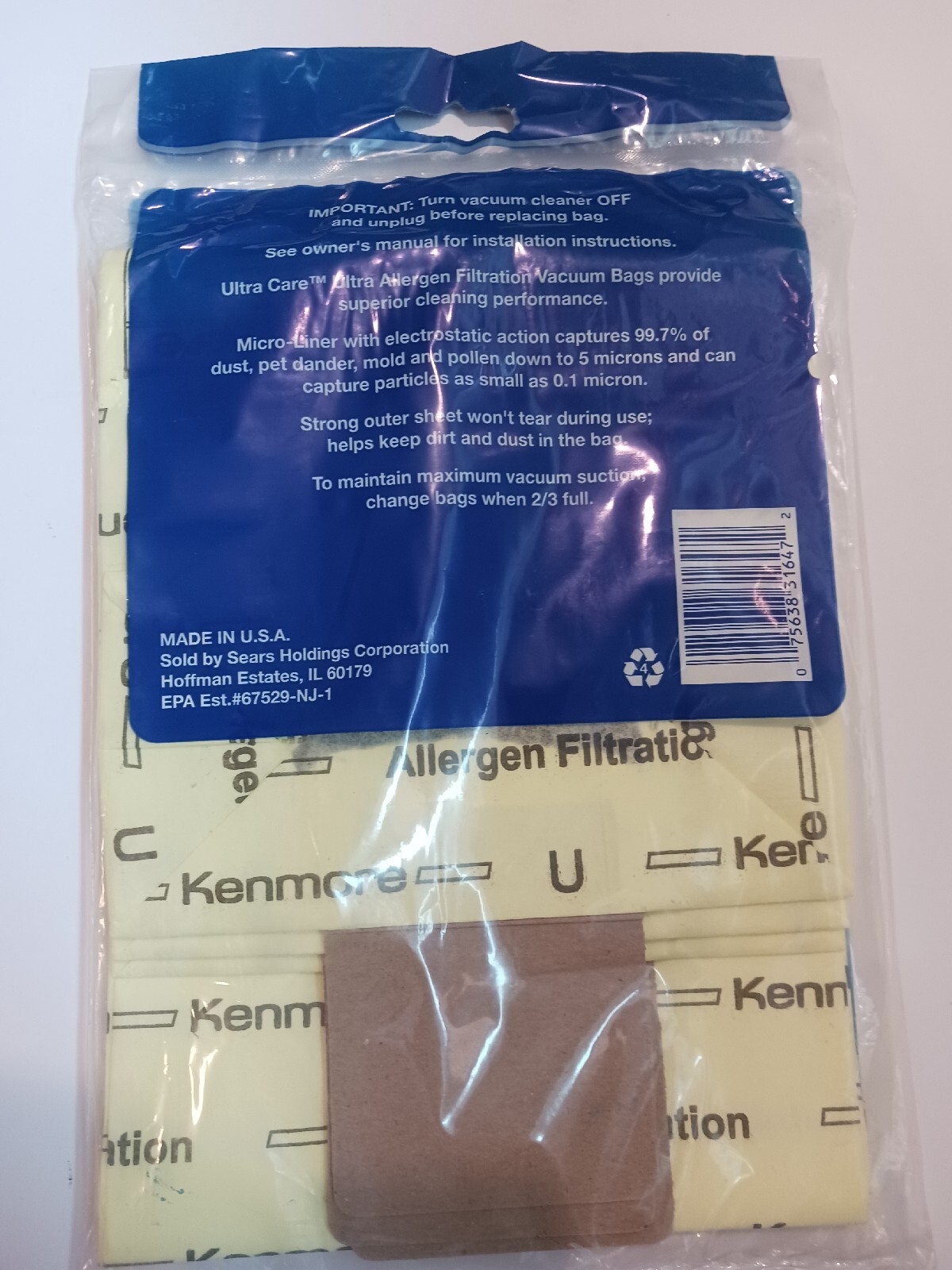 Ultra Care Vacuum Bags Kenmore U Uprights 3 Pk Ultra Allergen