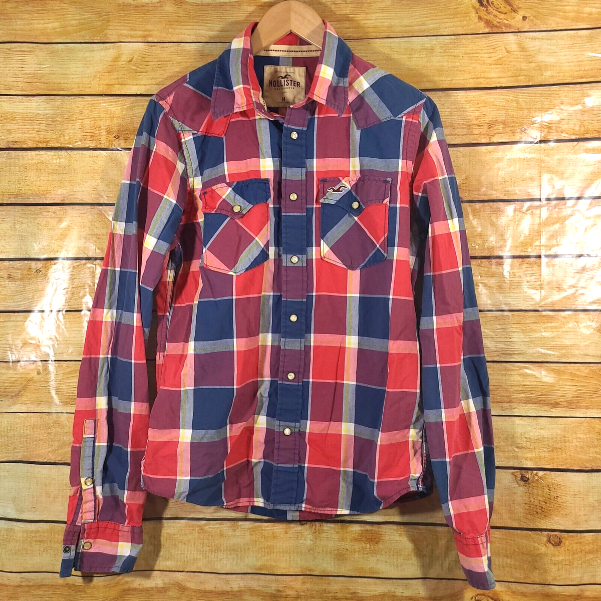 Hollister Men's Medium White Pearl Snap Up Red Blue Plaid Western Cowboy Shirt Hollister Men's Medium White Pearl Snap Up Red Blue Plaid Western Cowboy Shirt