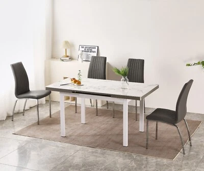FURNIZONE UK Dining Table Set Extending White Sintered Stone Top and 4 Faux Leather Chairs